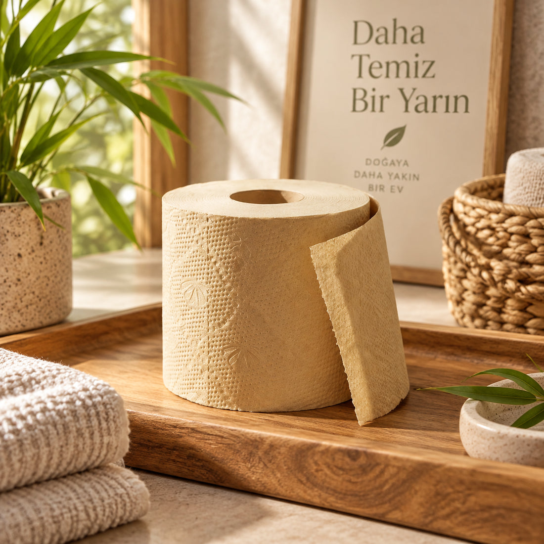 Kraft ambalajlı bej bambu tuvalet kağıdı ruloları, küçük bambu bitkisi ve keten havlu ile banyo rafında