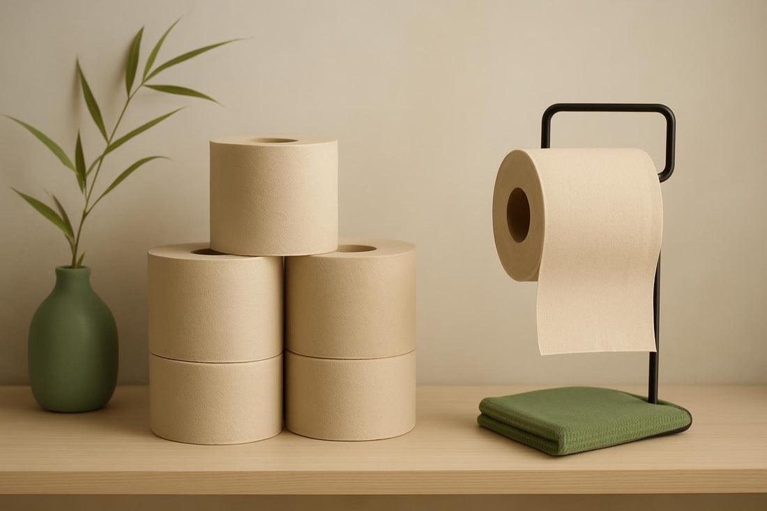 Bambu tuvalet kağıdı ruloları, doğal bej renkli, modern bir banyo rafında ve bambu yapraklarıyla birlikte