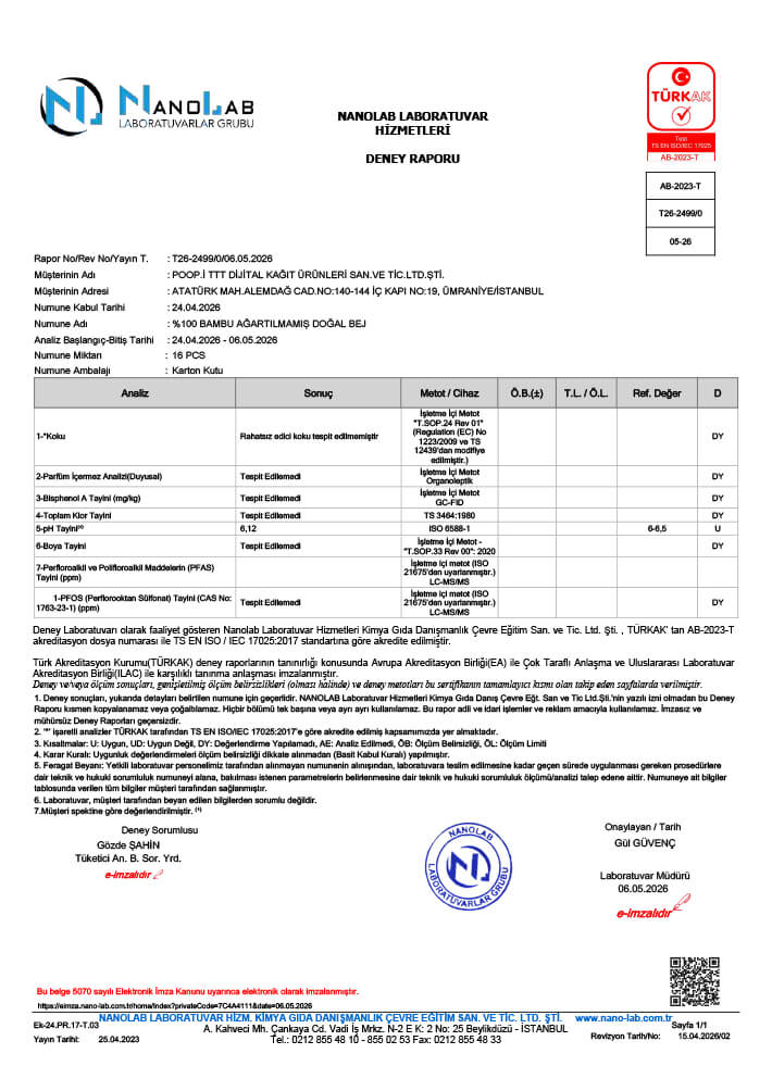 %100 Bambu Doğal Bej Ürün Güvenliği Test Raporu